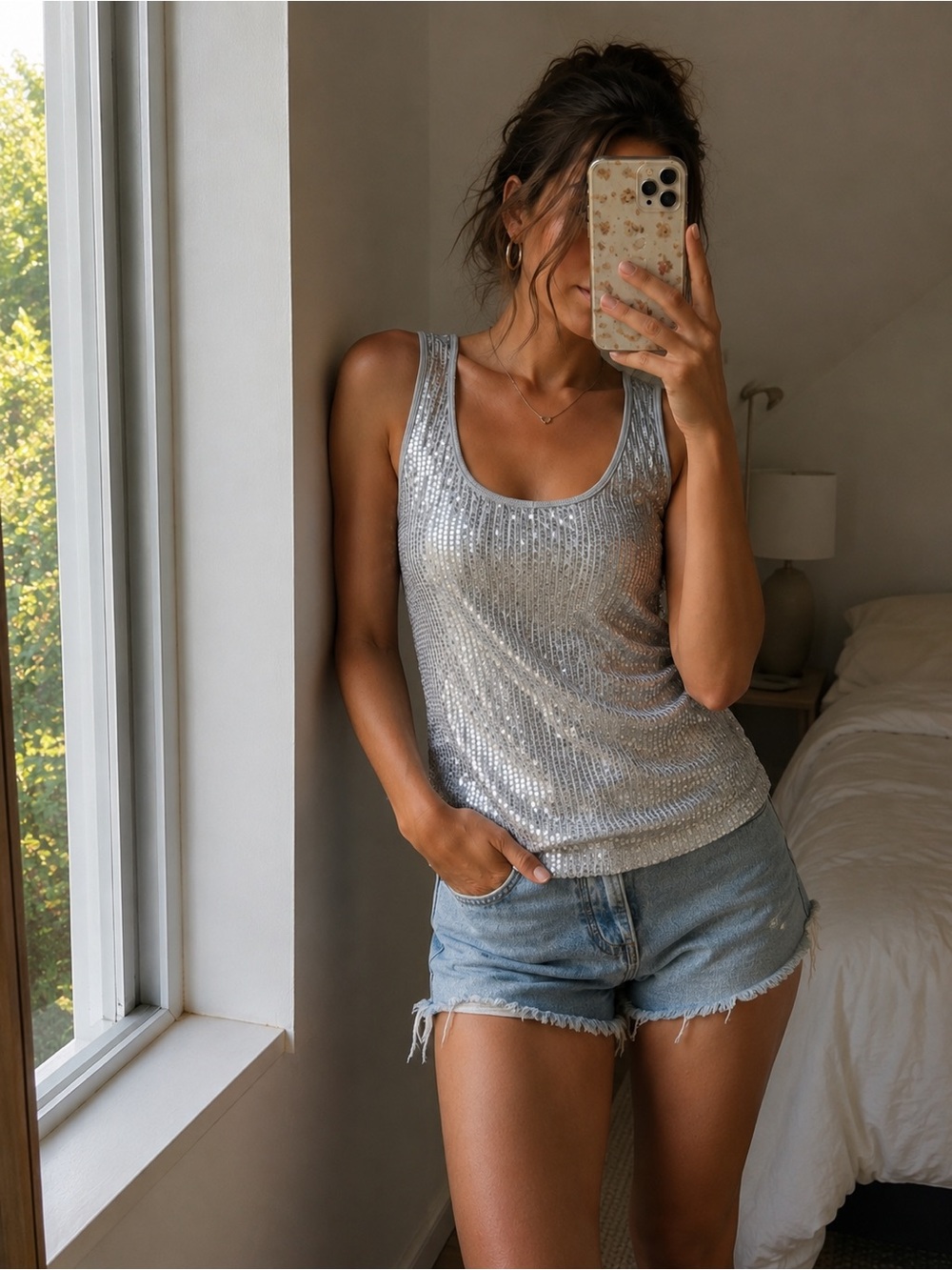 Y2K Charlotte Russe Silver Sequin Long Tank Top | Party Club Sparkle Top Small